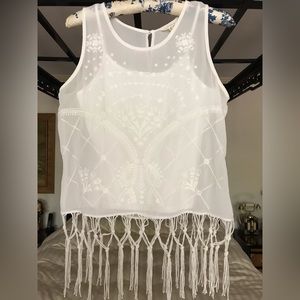 Boho style embroidery / macrame fringed sheer two piece top. White in color.